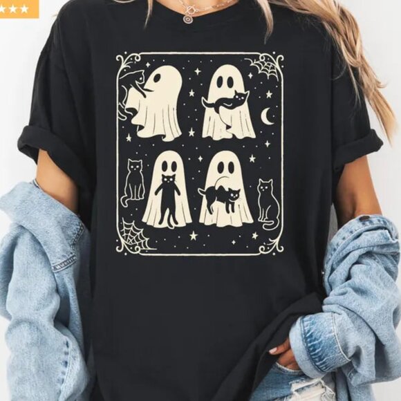 Tops - Halloween Cat Ghost Shirt, Halloween Ghost Tshirt, Spooky Season
